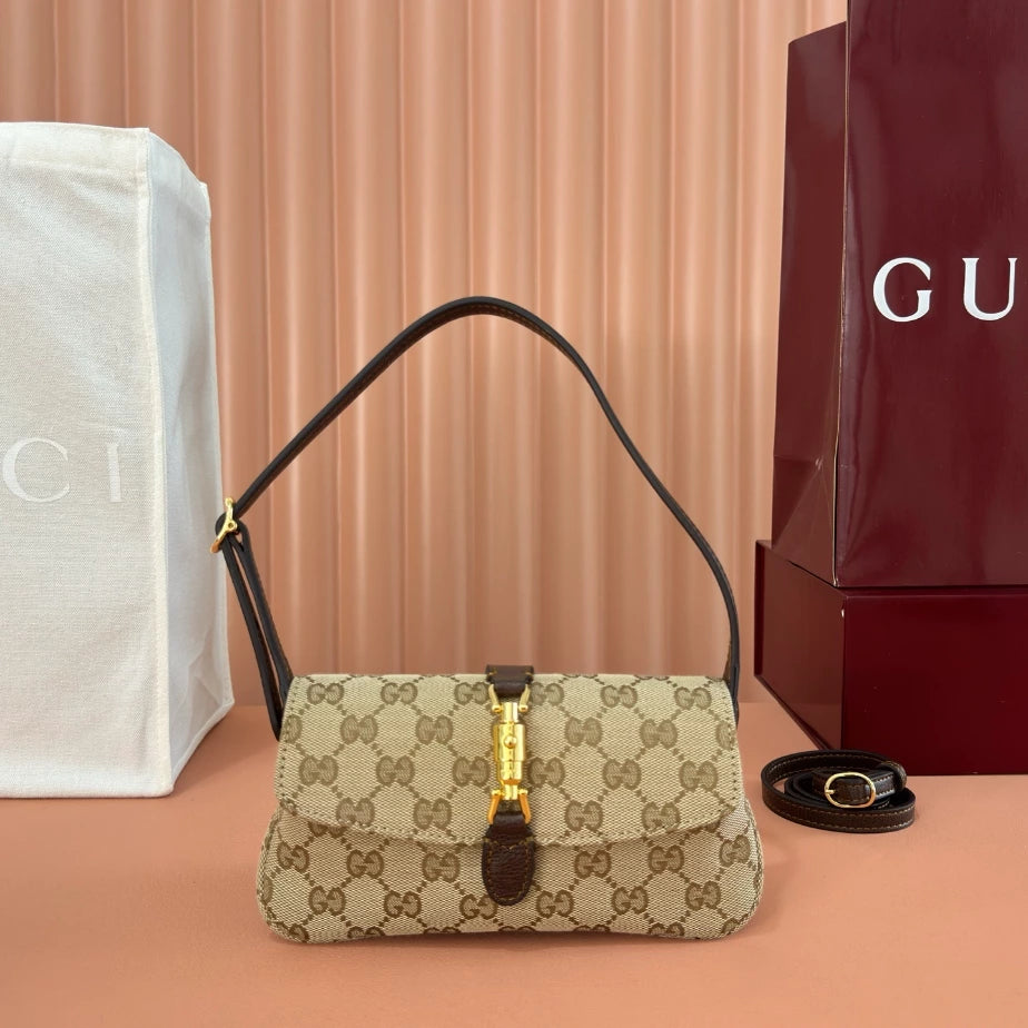 GUCCI JACKIE SMALL SHOULDER BAG IN SAND AND BROWN GG CANVAS – BG187