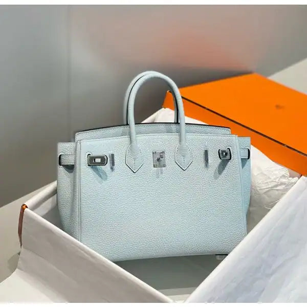 Hermes Birkin 25cm Bag In Blue Brume Clemence Leather PHW – HW003