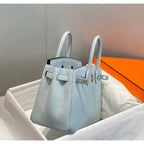 Hermes Birkin 25cm Bag In Blue Brume Clemence Leather PHW – HW003