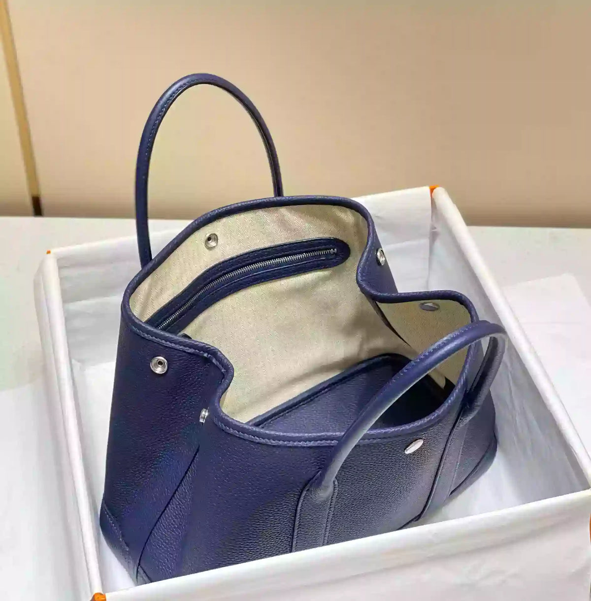 Hermes Garden Party 30 Bag In Blue Saphir Taurillon Leather – HW071