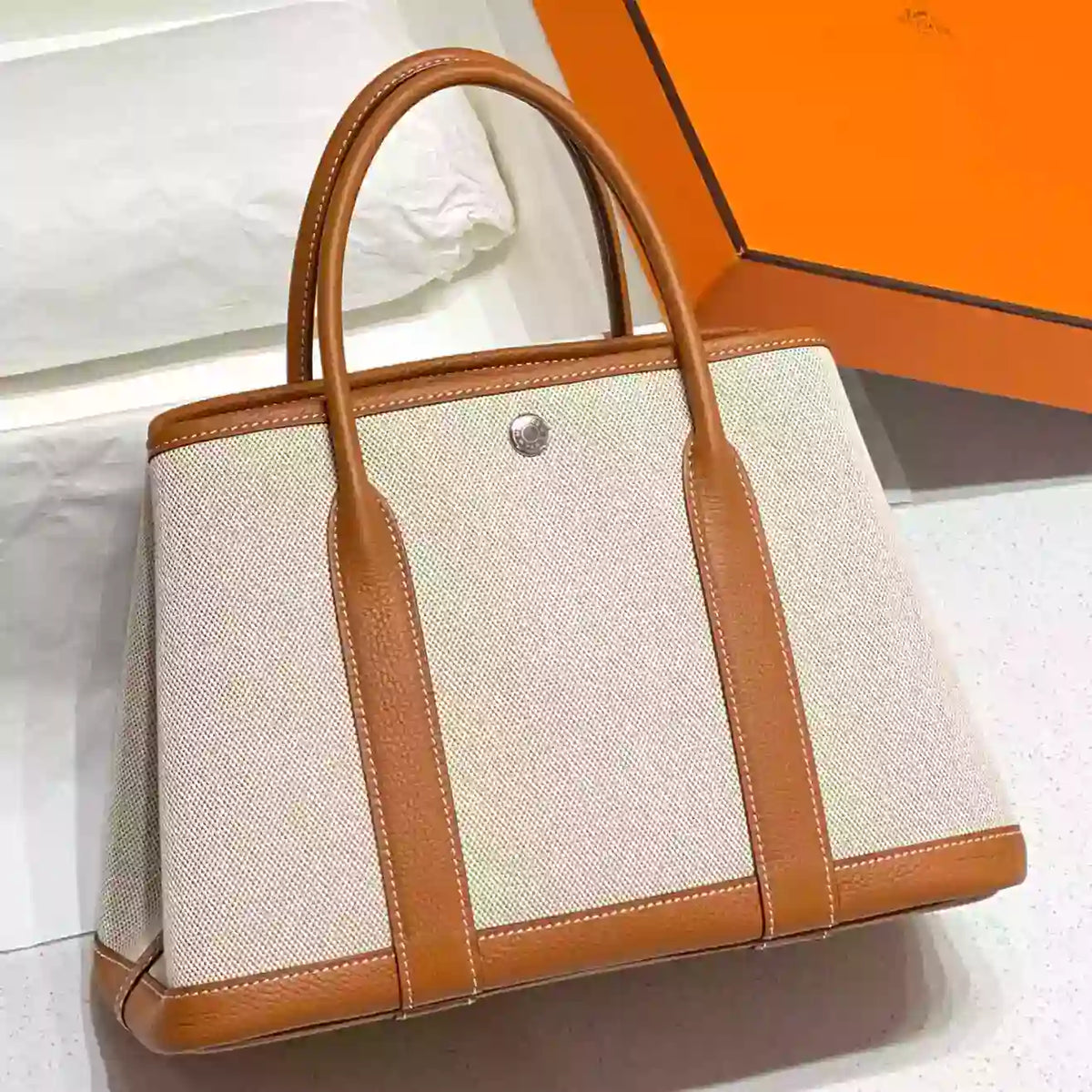 Hermes Garden Party 30cm Bag in Toile and Gold Leather – HW070