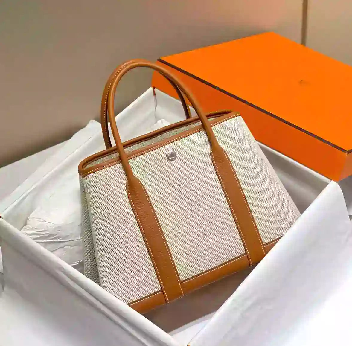 Hermes Garden Party 30cm Bag in Toile and Gold Leather – HW070