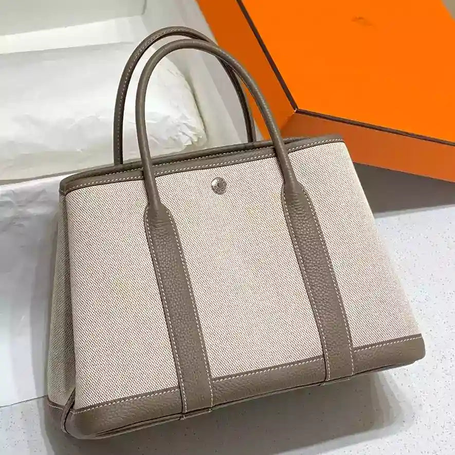 Hermes Garden Party 30cm Bag in Toile and Taupe Leather – HW069