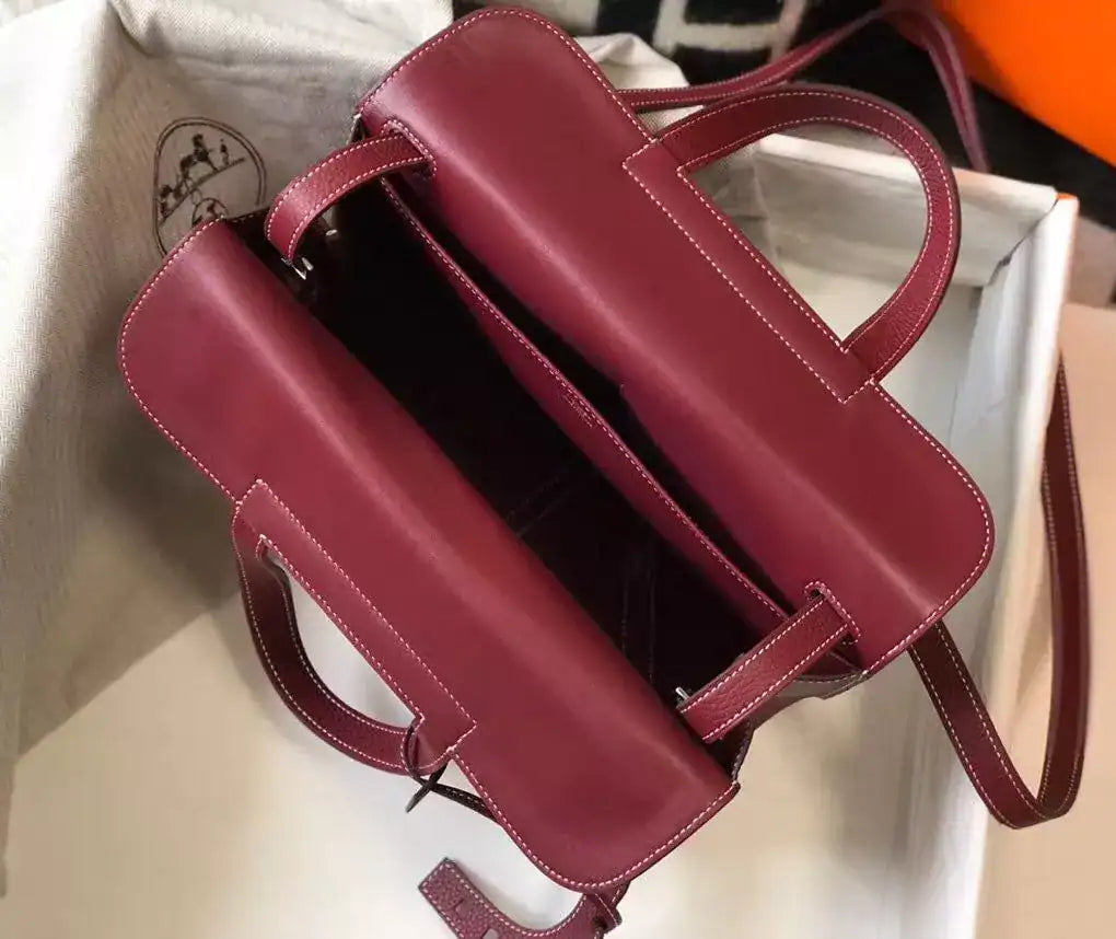 Hermes Halzan 31cm Bag In Bordeaux Clemence Leather – HW095