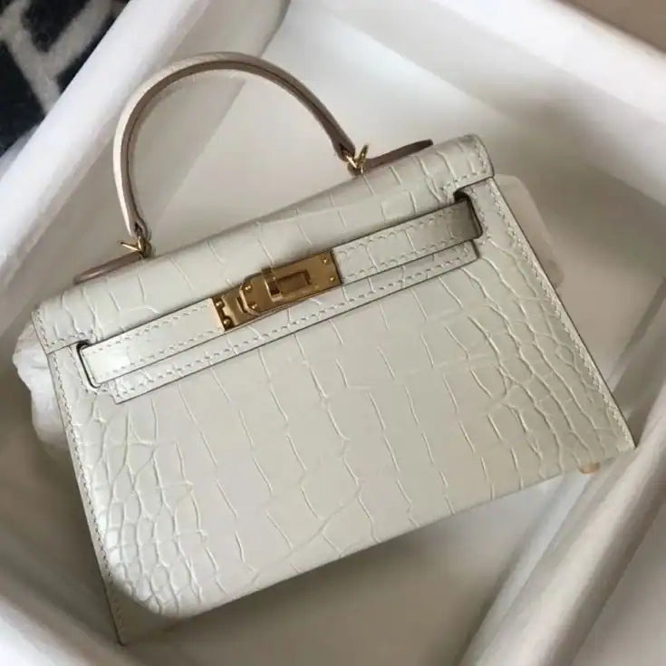 Hermes Kelly Mini II Bag In Beton Embossed Crocodile Leather – HW135