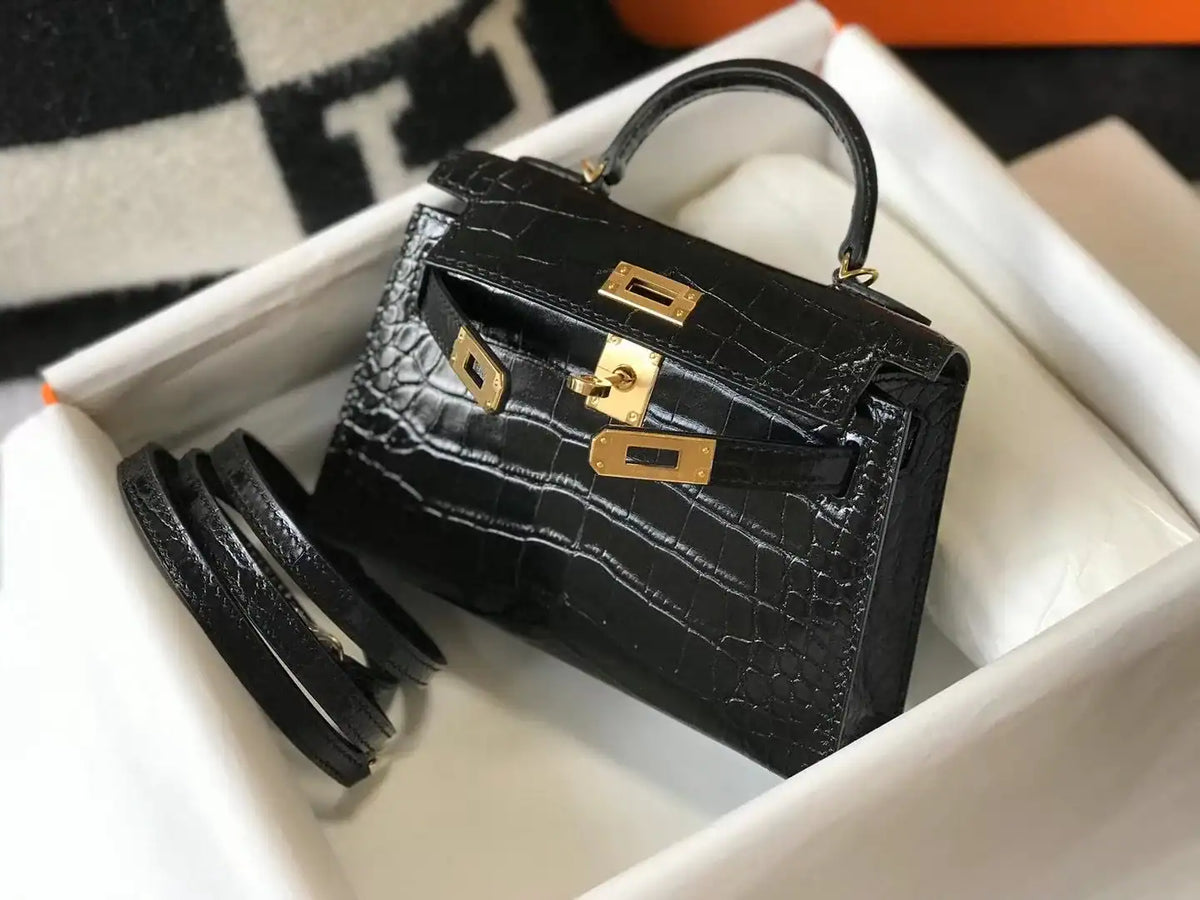 Hermes Kelly Mini II Bag In Black Embossed Crocodile Leather – HW129