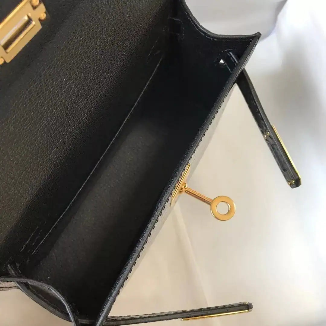 Hermes Kelly Mini II Bag In Black Embossed Crocodile Leather – HW129