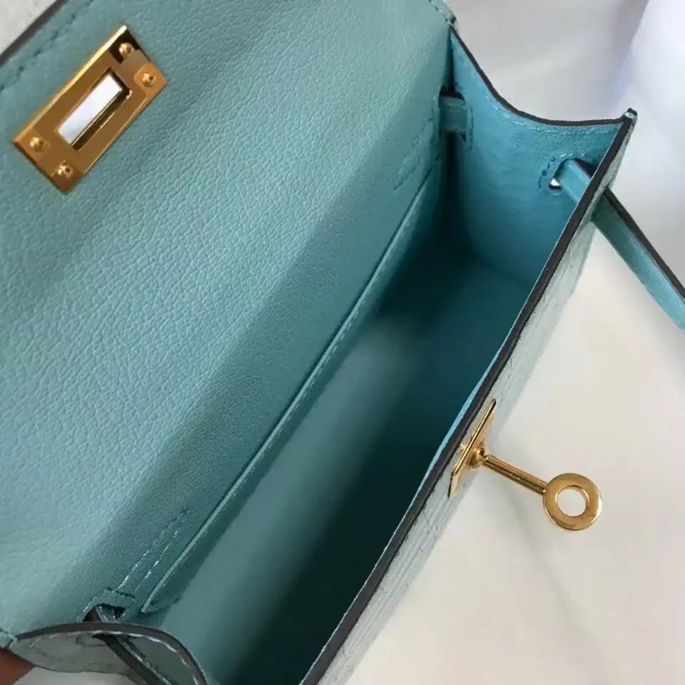 Hermes Kelly Mini II Bag In Blue Atoll Embossed Crocodile Leather – HW131