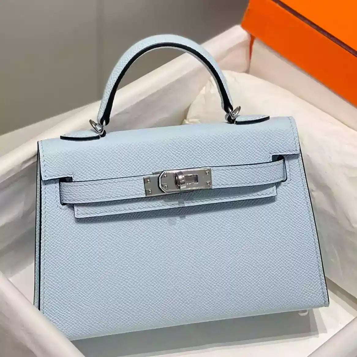 Hermes Kelly Mini II Bag In Blue Brume Epsom Leather PHW – HW126