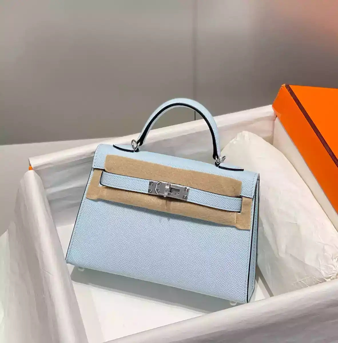 Hermes Kelly Mini II Bag In Blue Brume Epsom Leather PHW – HW126
