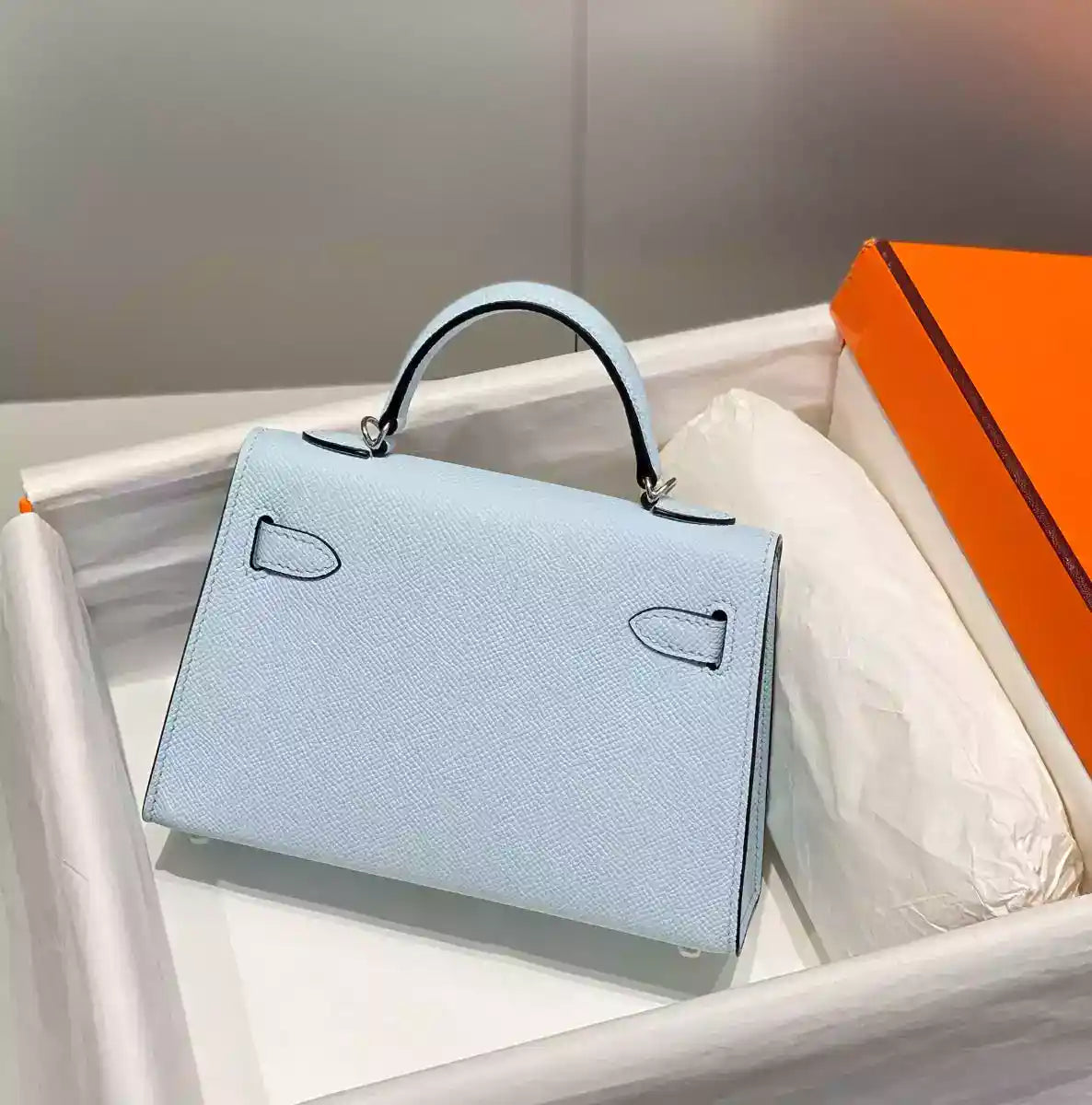 Hermes Kelly Mini II Bag In Blue Brume Epsom Leather PHW – HW126