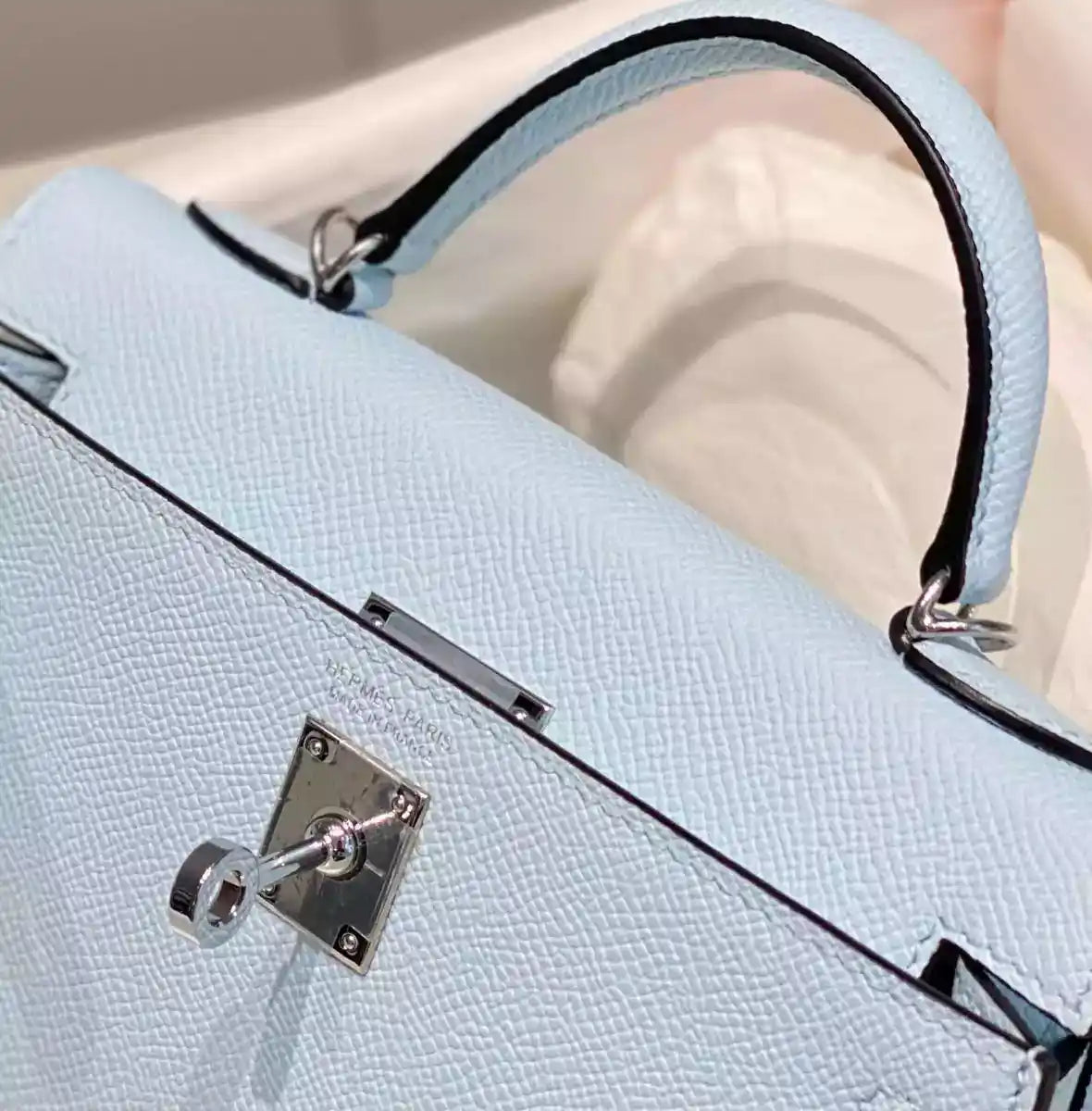 Hermes Kelly Mini II Bag In Blue Brume Epsom Leather PHW – HW126