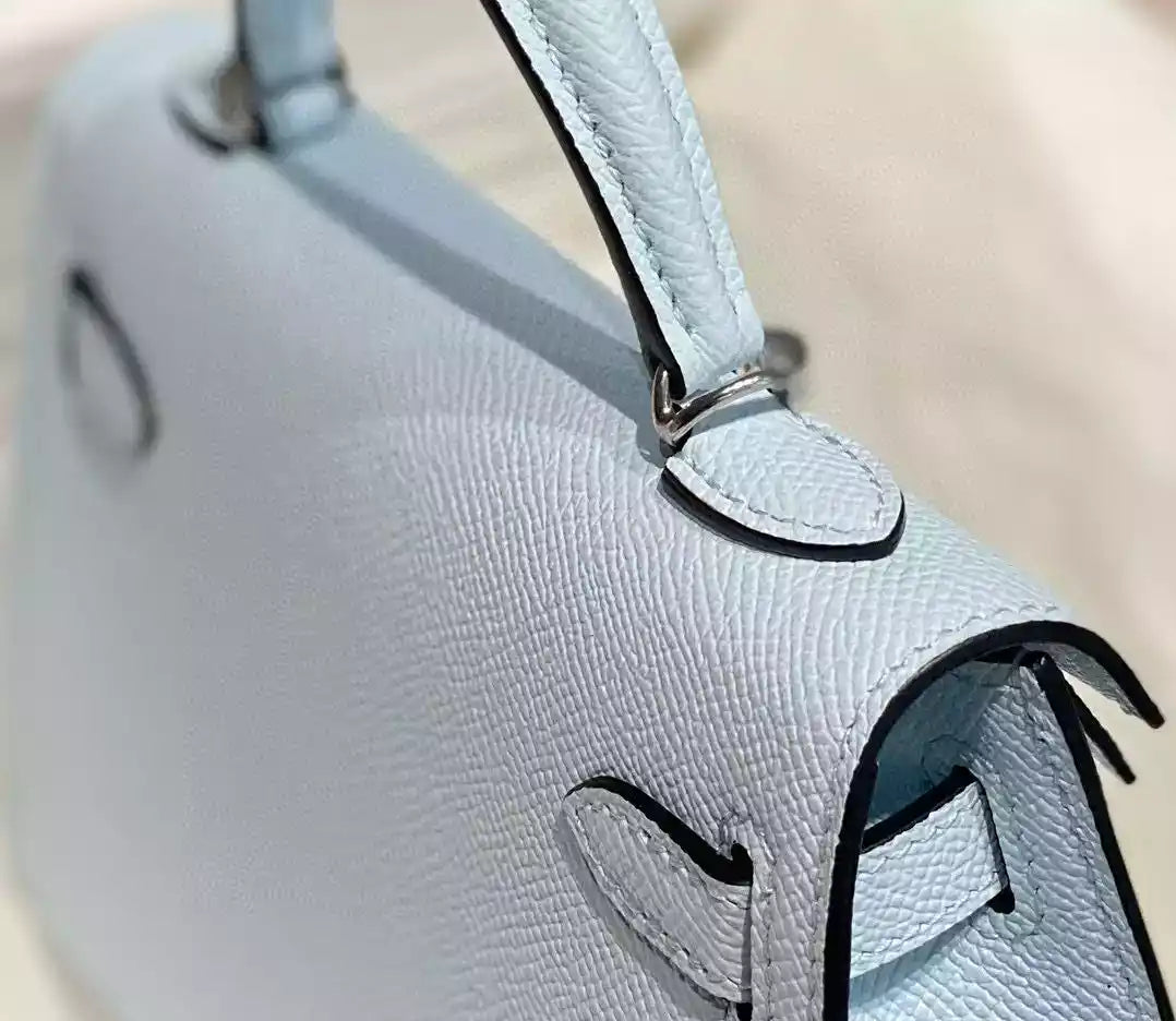 Hermes Kelly Mini II Bag In Blue Brume Epsom Leather PHW – HW126