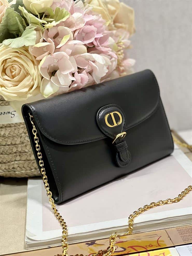 DIOR BOBBY EAST-WEST POUCH WITH CHAIN BLACK SMOOTH CALFSKIN – DOB098