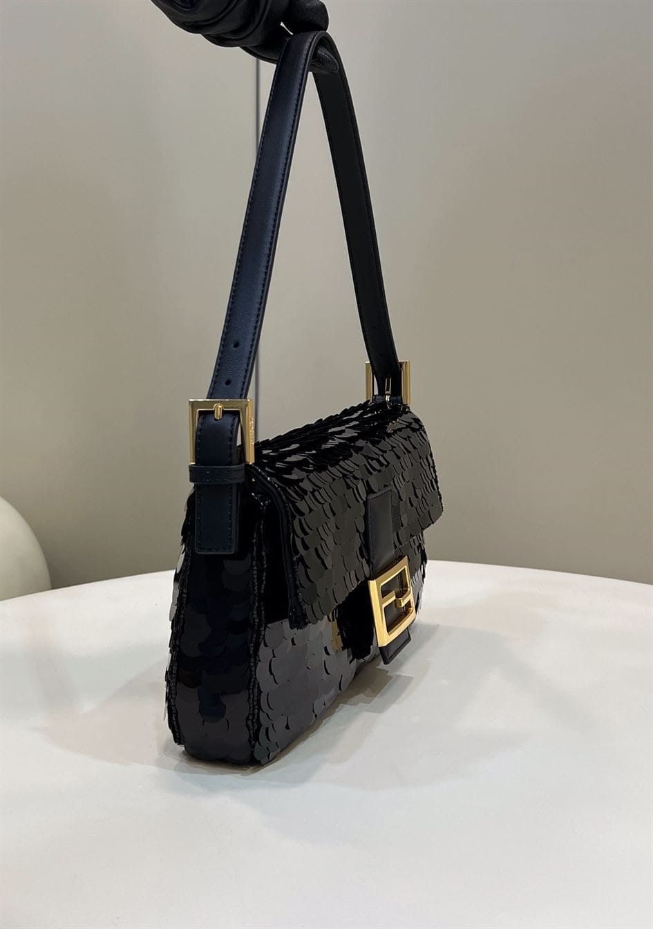 FENDI BAGUETTE BLACK SEQUIN AND LEATHER BAG – F003