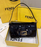FENDI BAGUETTE BLACK SEQUIN AND LEATHER BAG – F003