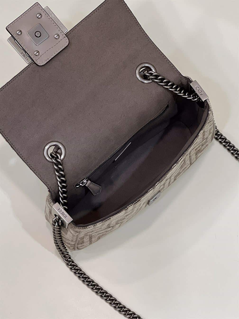 FENDI BAGUETTE CHAIN MIDI DARK GREY FF TAPESTRY FABRIC BAG – F026