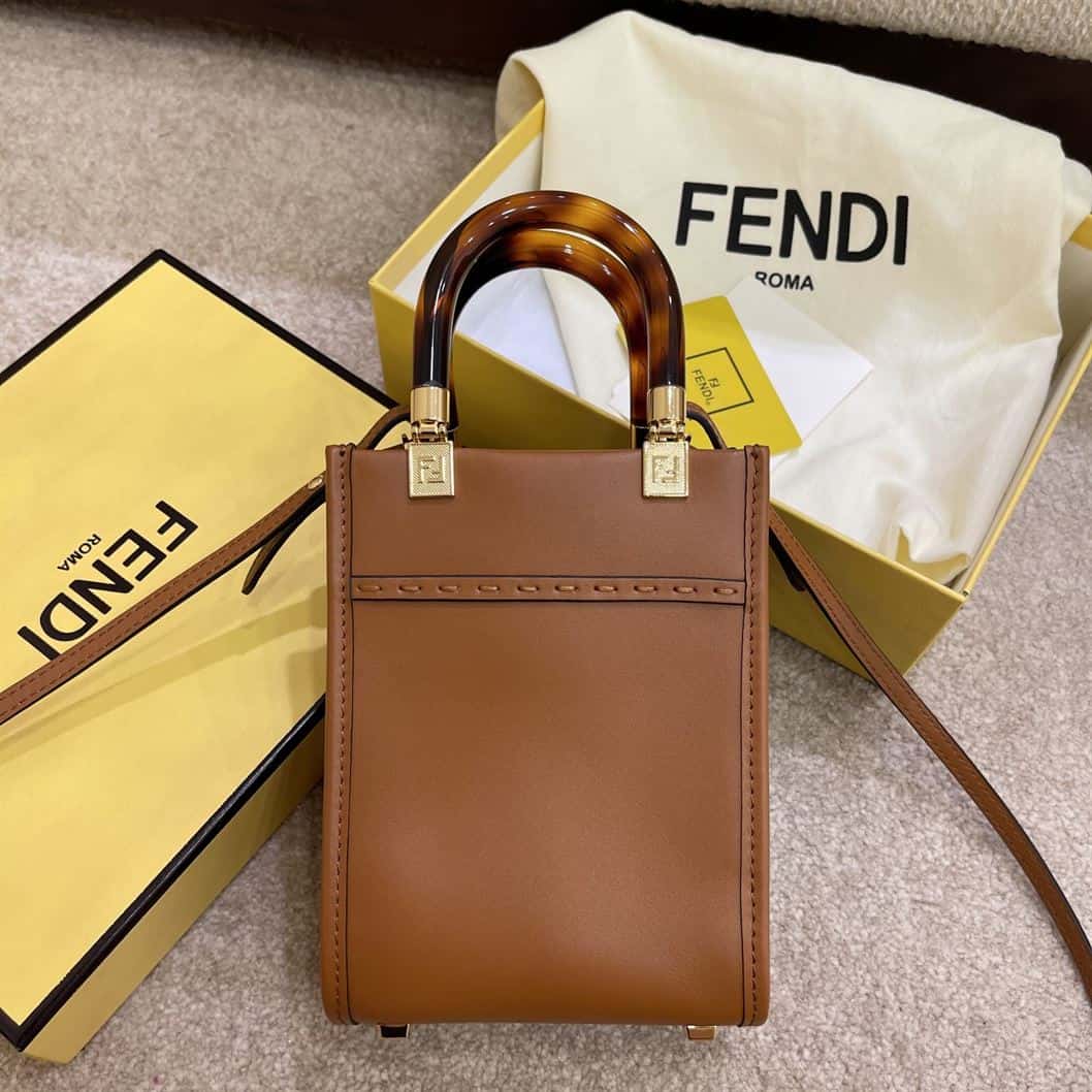 FENDI MINI SUNSHINE SHOPPER BROWN LEATHER MINI BAG – F010