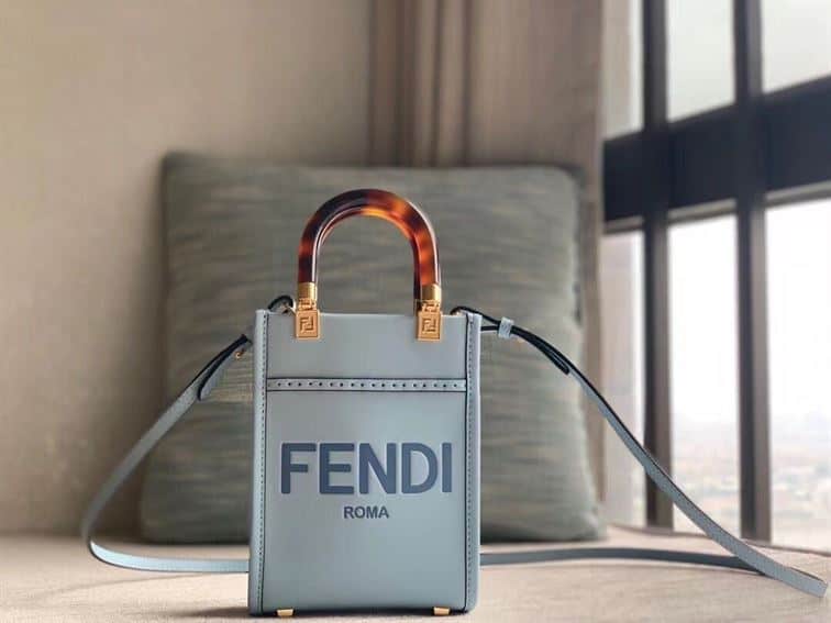 FENDI MINI SUNSHINE SHOPPER LIGHT BLUE LEATHER MINI BAG – F011
