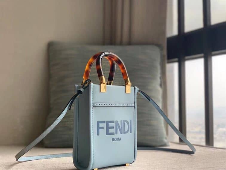 FENDI MINI SUNSHINE SHOPPER LIGHT BLUE LEATHER MINI BAG – F011