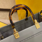 FENDI SUNSHINE MEDIUM GREY LEATHER SHOPPER BAG – F016