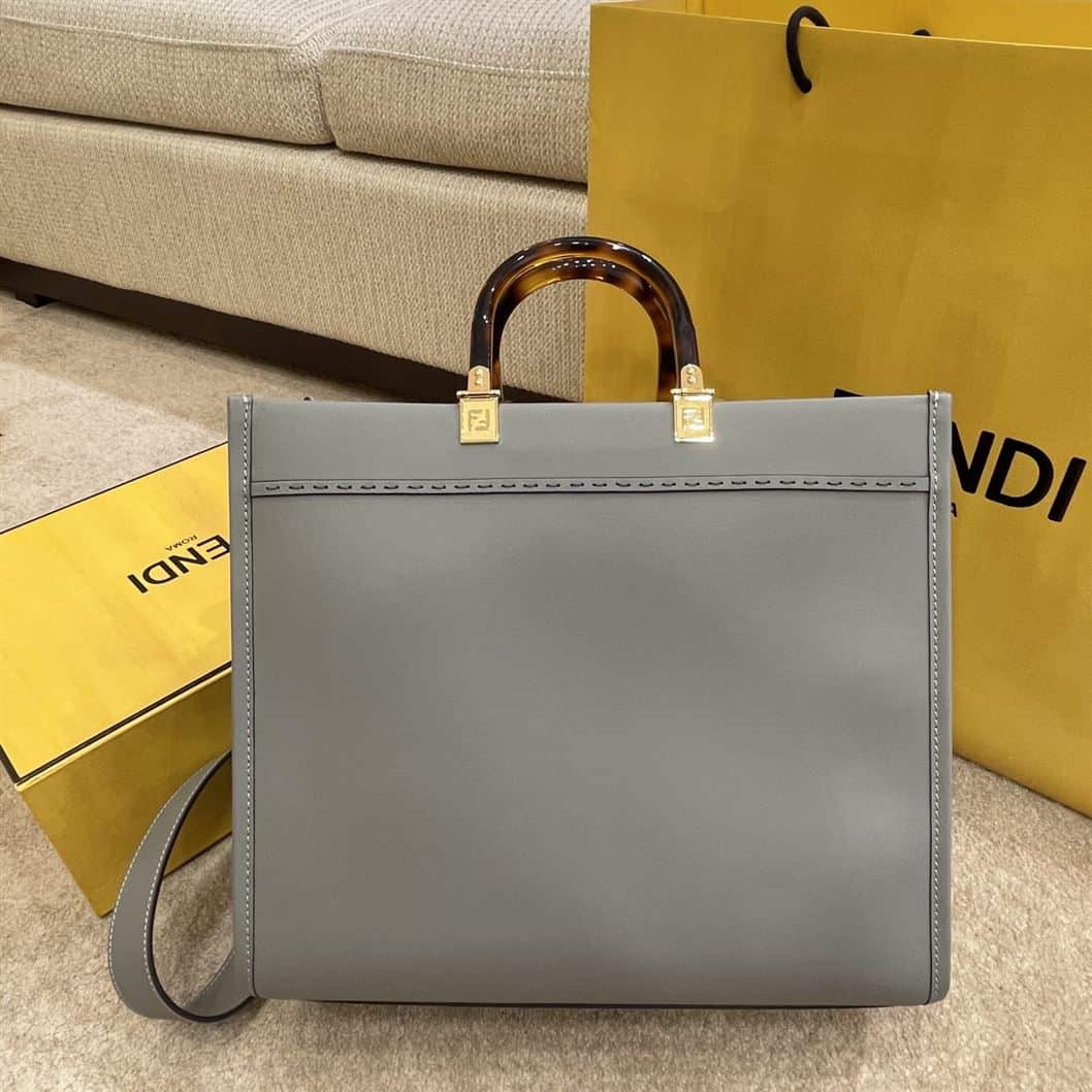 FENDI SUNSHINE MEDIUM GREY LEATHER SHOPPER BAG – F016