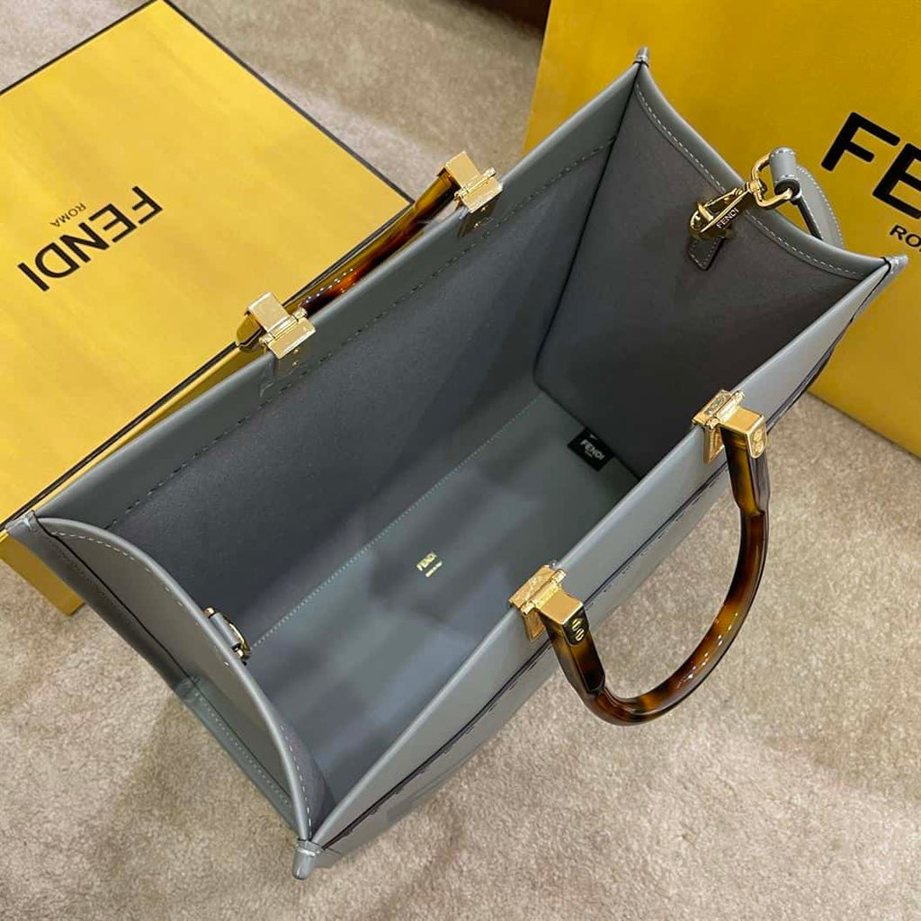 FENDI SUNSHINE MEDIUM GREY LEATHER SHOPPER BAG – F016
