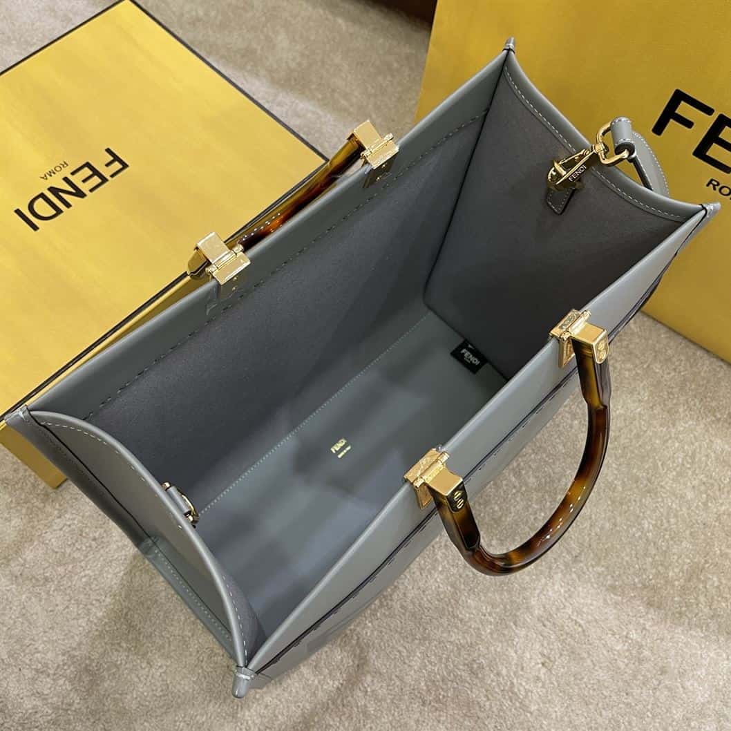 FENDI SUNSHINE MEDIUM GREY LEATHER SHOPPER BAG – F016