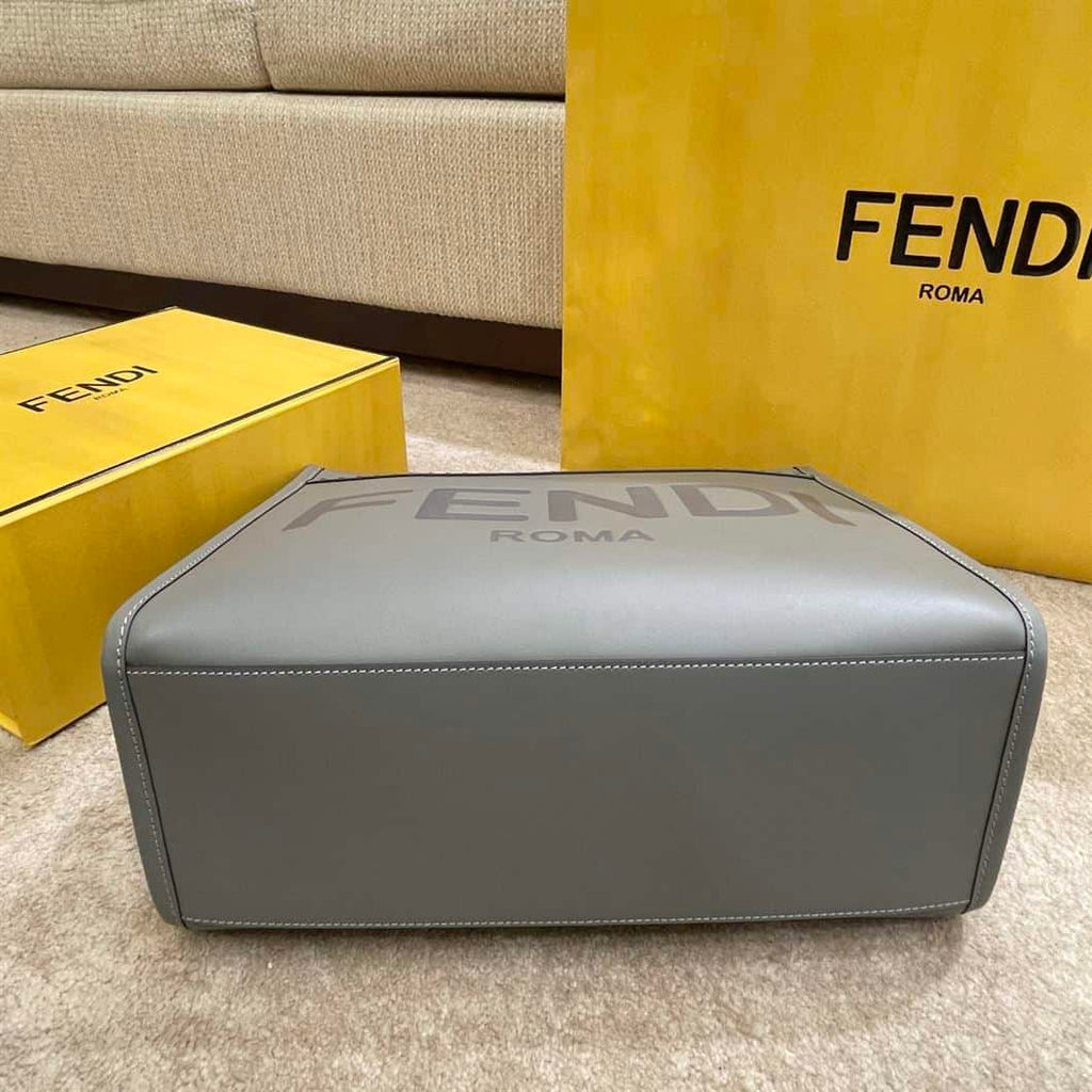 FENDI SUNSHINE MEDIUM GREY LEATHER SHOPPER BAG – F016
