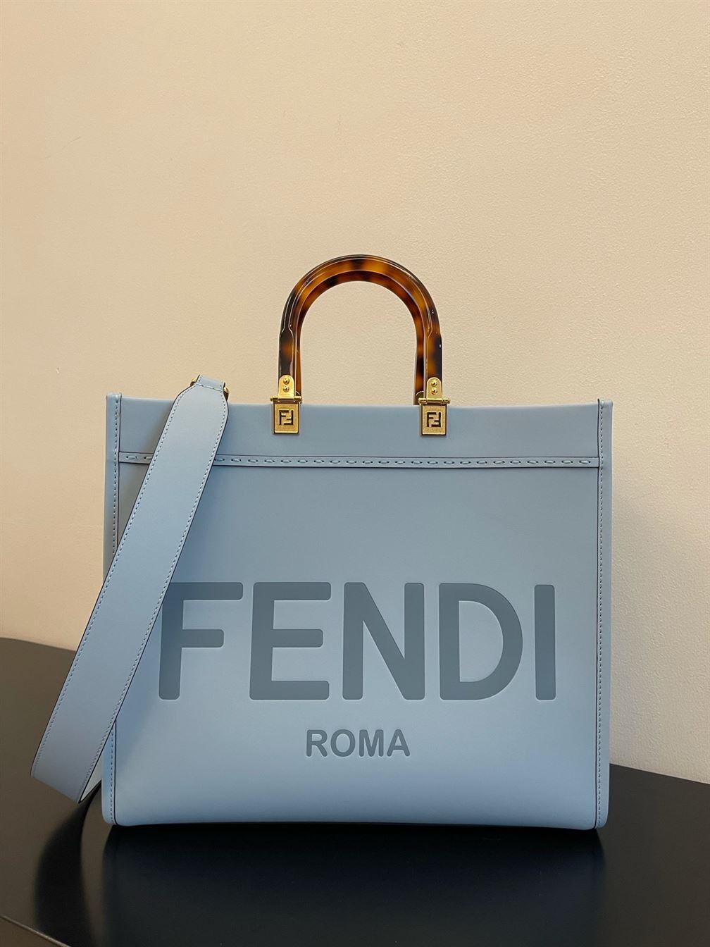 FENDI SUNSHINE MEDIUM LIGHT BLUE LEATHER SHOPPER – F021