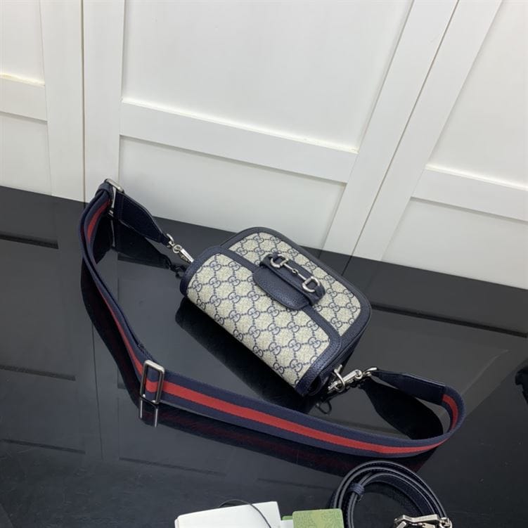 GUCCI HORSEBIT 1955 MINI BAG IN BEIGE AND BLUE GG SUPREME CANVAS – GB11