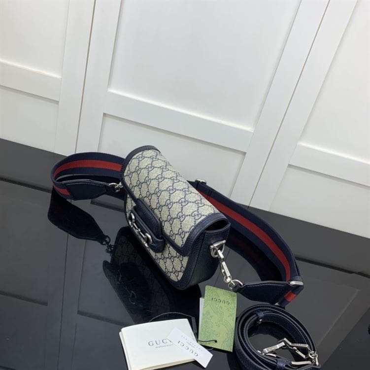 GUCCI HORSEBIT 1955 MINI BAG IN BEIGE AND BLUE GG SUPREME CANVAS – GB11