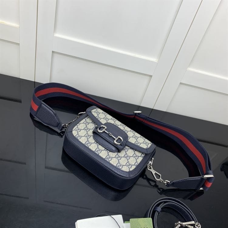 GUCCI HORSEBIT 1955 MINI BAG IN BEIGE AND BLUE GG SUPREME CANVAS – GB11