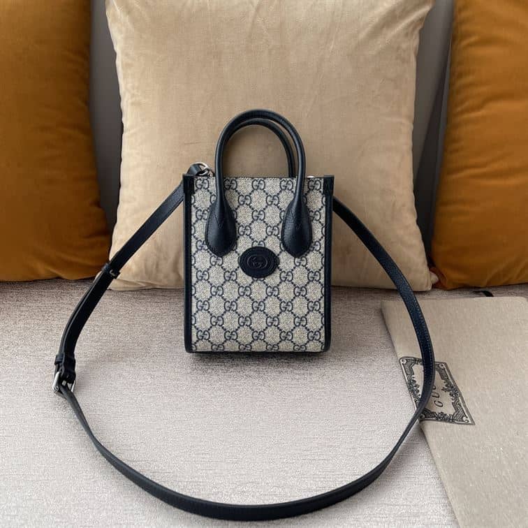 GUCCI MINI NOTE BAG WITH INTERLOCKING G BEIGE AND BLUE GG SUPREME CANVAS – GB36