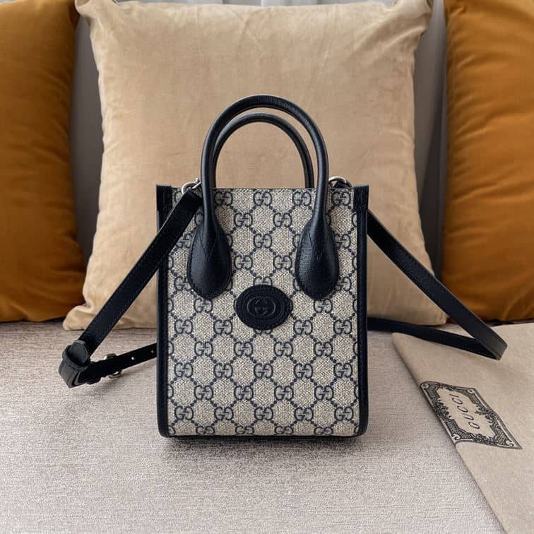 GUCCI MINI NOTE BAG WITH INTERLOCKING G BEIGE AND BLUE GG SUPREME CANVAS – GB36