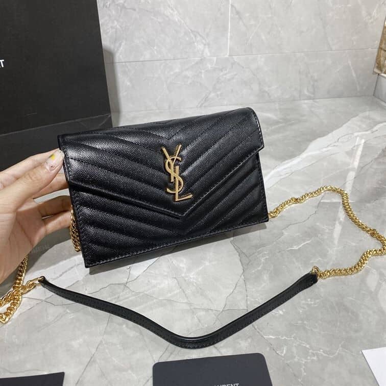 YSL CASSANDRE MATELASSÉ CHAIN WALLET IN GRAIN DE POUDRE EMBOSSED LEATHER – YB033