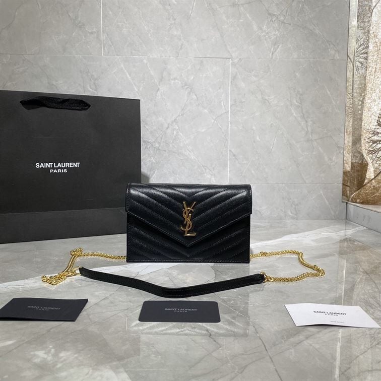 YSL CASSANDRE MATELASSÉ CHAIN WALLET IN GRAIN DE POUDRE EMBOSSED LEATHER – YB033