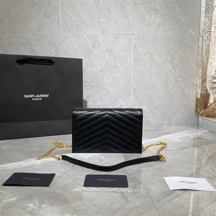 YSL CASSANDRE MATELASSÉ CHAIN WALLET IN GRAIN DE POUDRE EMBOSSED LEATHER – YB033
