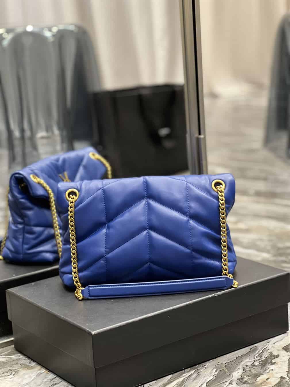 YSL SMALL PUFFER IN QUILTED NAPPA BLUE LEATHER – YB053