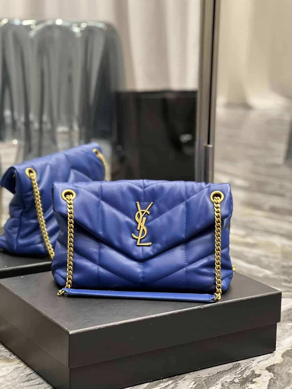 YSL SMALL PUFFER IN QUILTED NAPPA BLUE LEATHER – YB053
