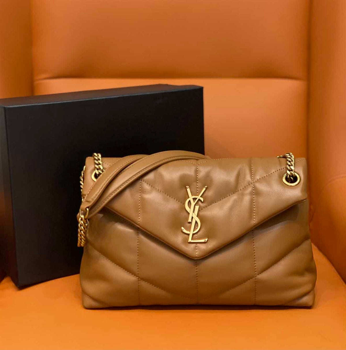 YSL SMALL PUFFER IN QUILTED NAPPA BROWN LEATHER – YB055